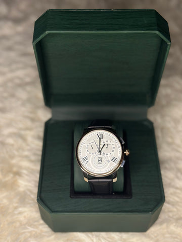 Classic Roman Dial Chronograph Watch with Black Leather Strap