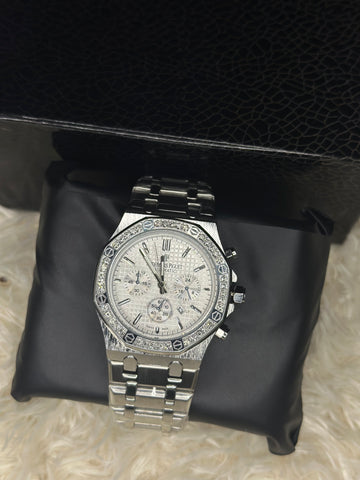 Luxury Silver Chronograph Watch with Diamond-Set Bezel