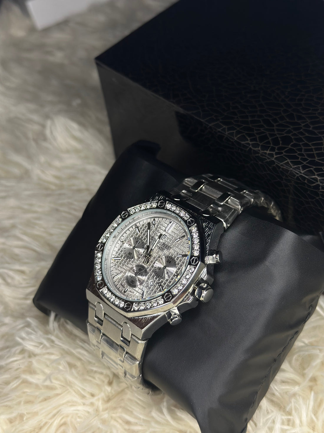 Luxury Silver Chronograph Watch with Diamond-Set Bezel