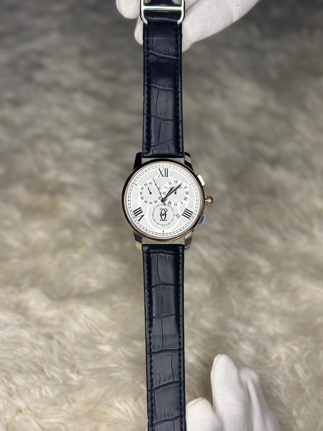 Classic Roman Dial Chronograph Watch with Black Leather Strap