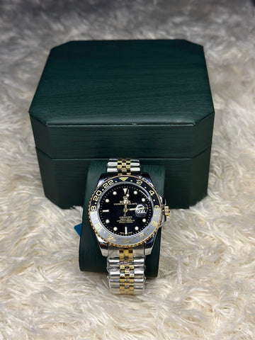Luxury Two-Tone GMT Stainless Steel Watch with Black Dial & Gold Bezel